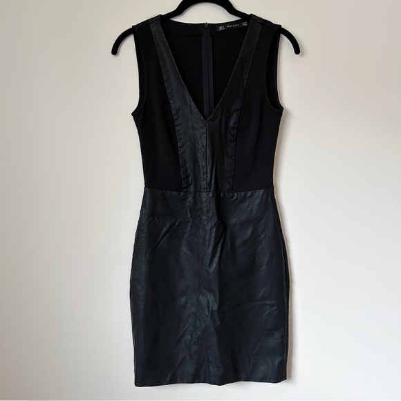 Zara Trafaluc Fitted Little Black Dress with Faux Leather Detail • Size S - Picture 2 of 4